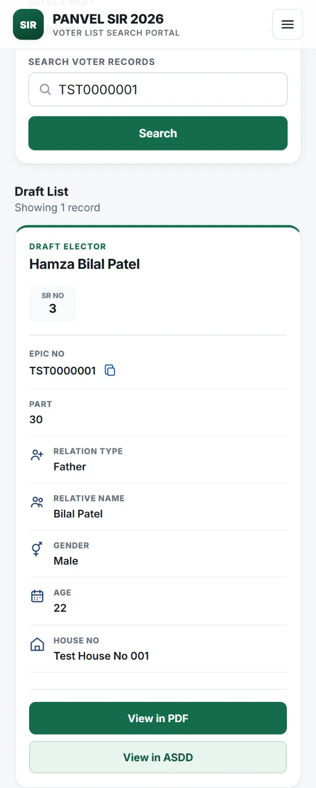 Voter search result on a phone, showing a single record with test data