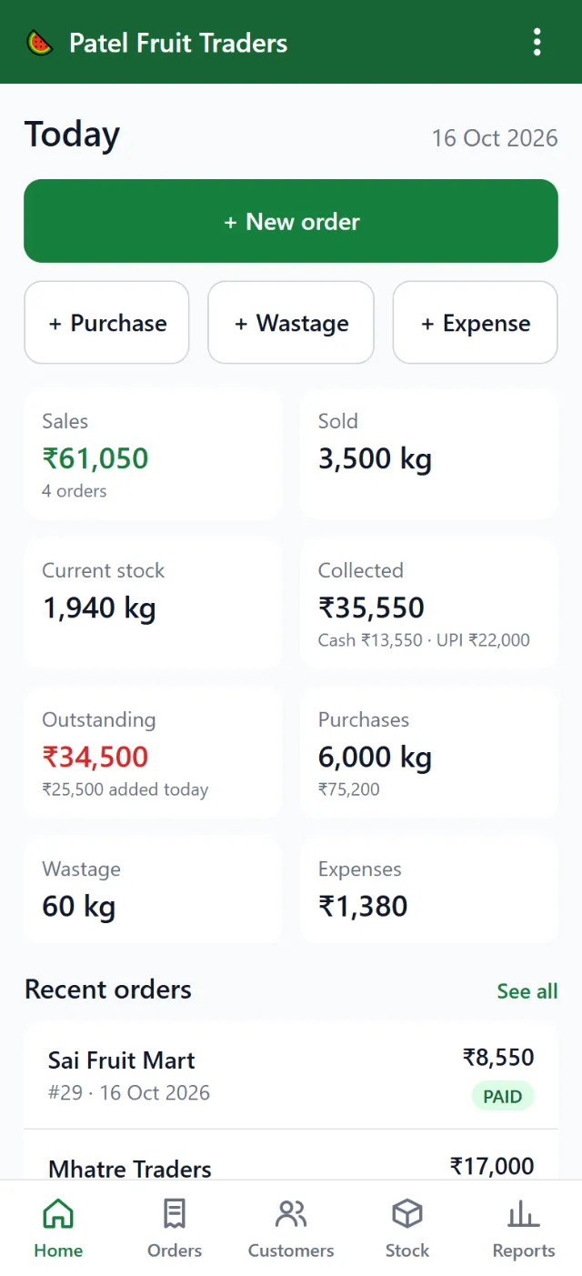 Shop app dashboard showing today’s sales, stock, payments collected and dues