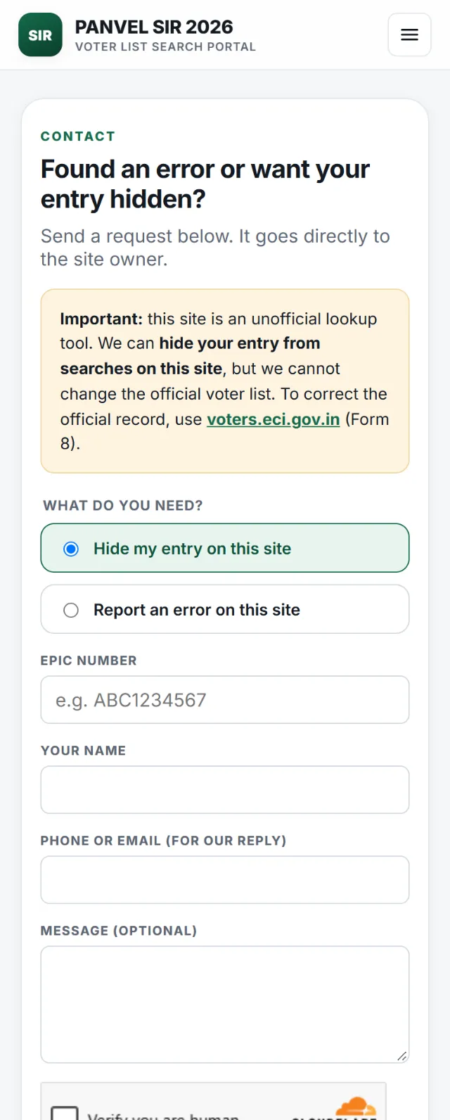 Form to report an error or hide an entry, with a link to the official correction process