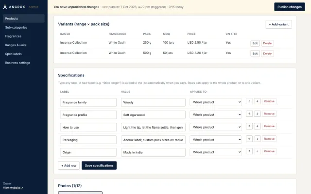Ancrox admin product editor with variants, pack sizes and specifications