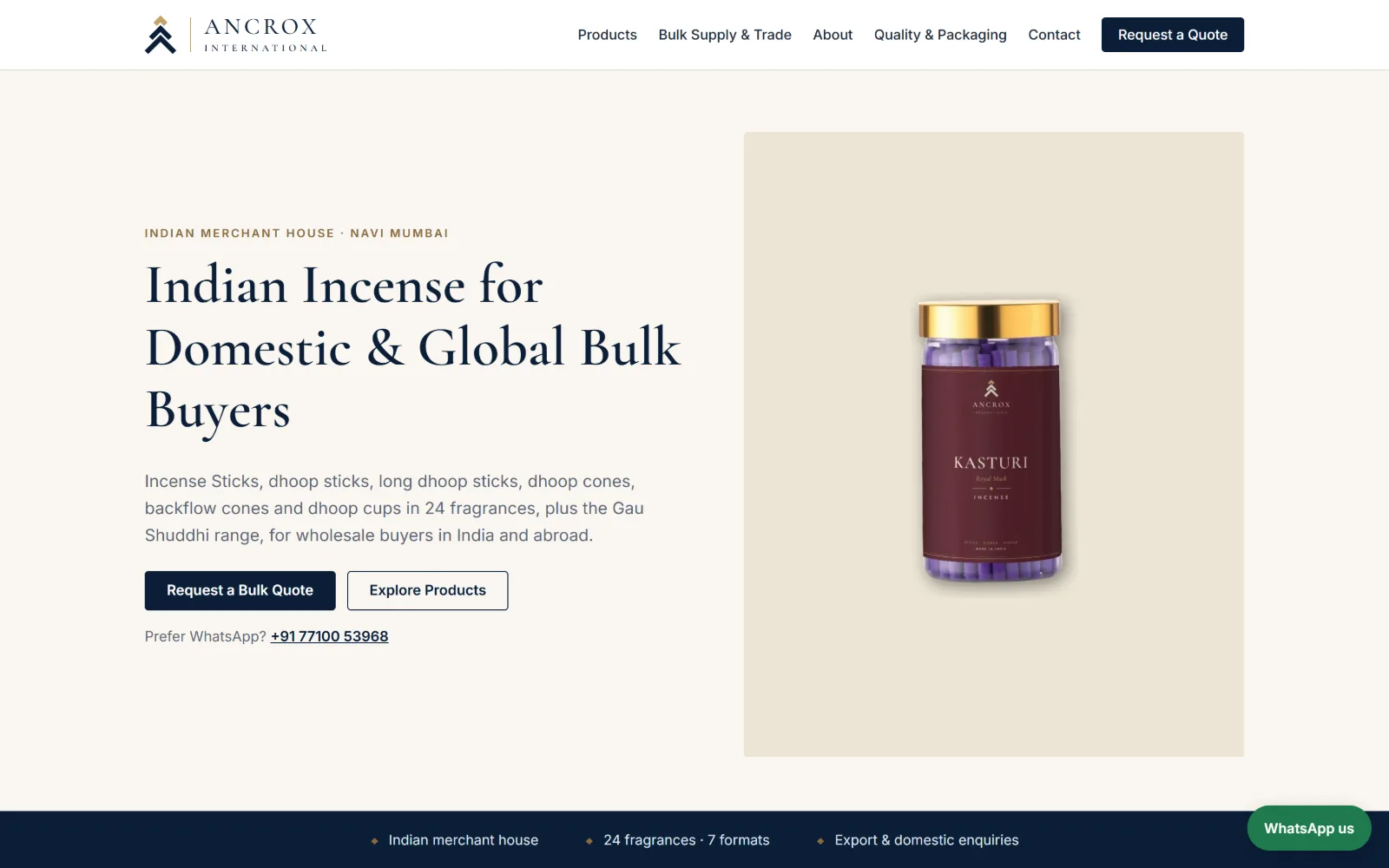 Ancrox International home page on desktop, showing the bulk buyers headline and a Kasturi incense jar